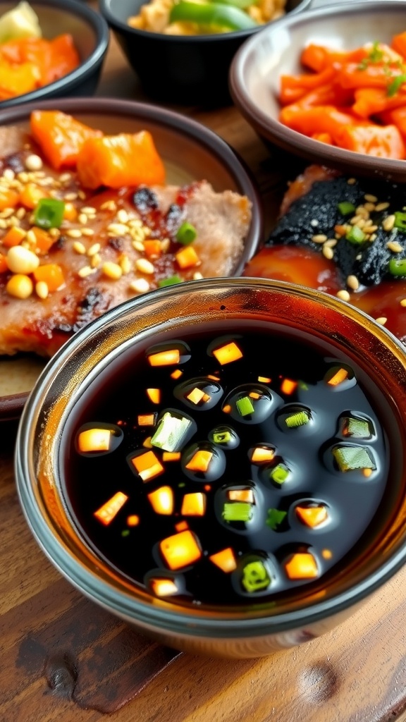 A bowl of savory Korean BBQ marinade next to grilled meat and colorful side dishes.